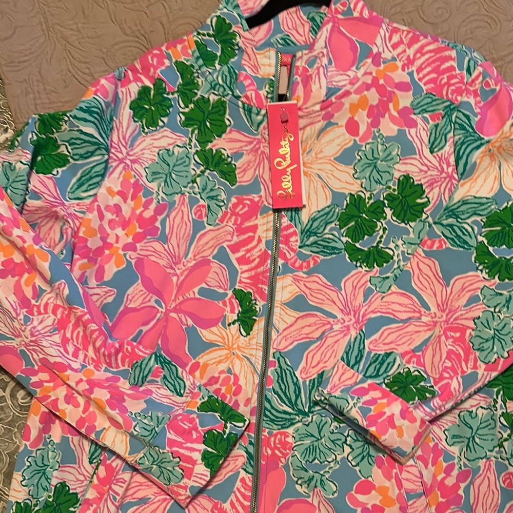 Lilly Pulitzer Pink and Green Bomber Jacket Vibrant Floral Design